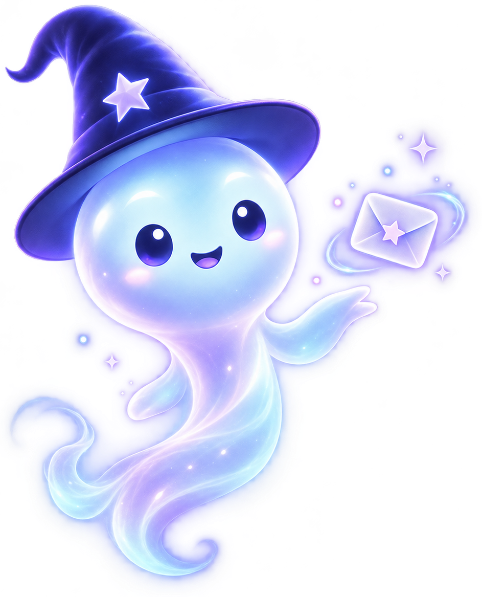 Wispy holding a glowing envelope